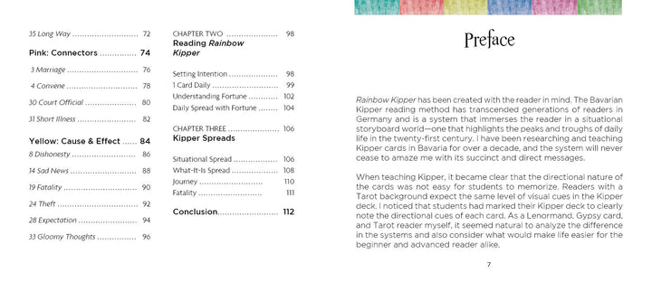 An open Rainbow Kipper book by Schiffer Publishing, Ltd. displays a preface and a color-coded contents page—Pink: Connectors, Yellow: Cause & Effect, Blue: Support—evoking the feel of organizing a fortune-telling Kipper card deck.