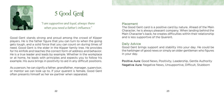 A Rainbow Kipper card page from Schiffer Publishing, Ltd. features the 5 Good Gent: a bearded man with a calm look. Green watercolor art appears above, and text details card meanings and color-coded divination for fortune-telling.