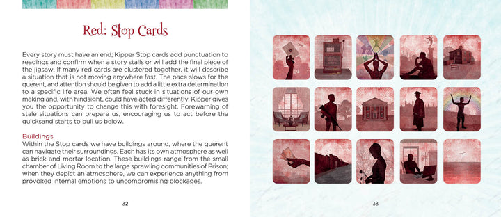 A two-page spread from Schiffer Publishing, Ltd.’s Rainbow Kipper book: the left page details Kipper Stop Cards under a red heading; the right page shows 12 illustrated Rainbow Kipper fortune-telling cards with silhouettes.