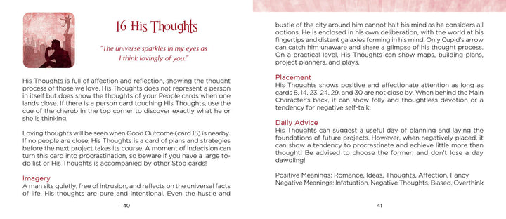 Pages 40–41 of Schiffer Publishing’s Rainbow Kipper show a book spread for card 16, His Thoughts, with color-coded divination tips, a quote, meanings, imagery, placements, and advice on introspection and balancing thoughts.