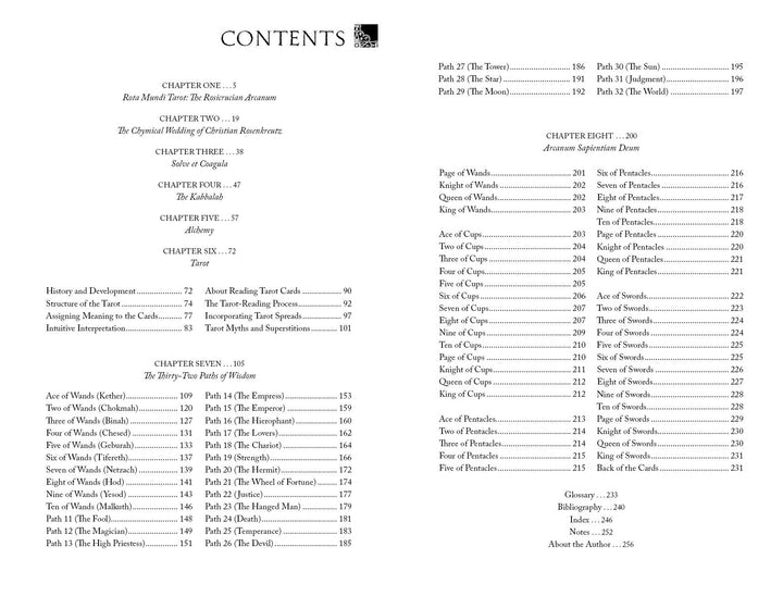 Table of contents pages from Rota Mundi Tarot by Schiffer Publishing, Ltd., listing chapters on tarot card meanings, occult knowledge, history, spreads, Wands, Cups, Swords, Pentacles, Major Arcana, and Kabbalah Tarot. Pages are numbered.