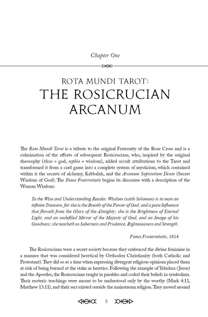 A page from Rota Mundi Tarot by Schiffer Publishing, Ltd. features introductory text on the Rosicrucian Order, quotes, and explores links to Kabbalah Tarot and occult wisdom, adorned with ornate divider designs.