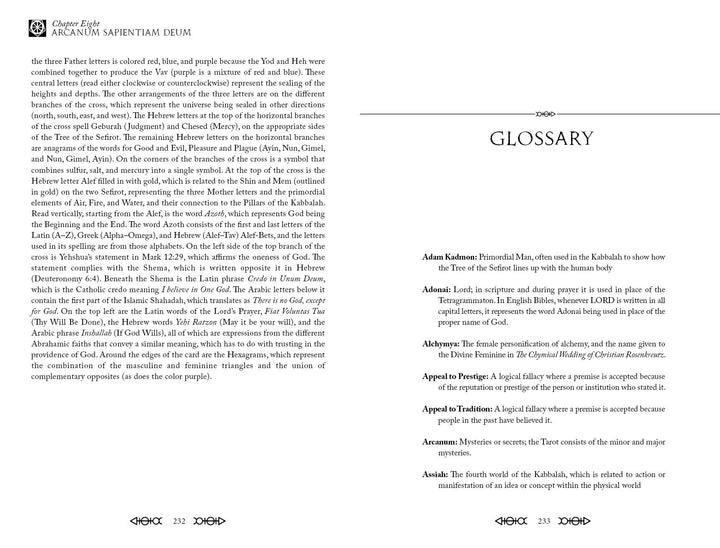 A two-page spread from Rota Mundi Tarot by Schiffer Publishing, Ltd.: the left page has dense, two-column text with chapter and section headings; the right is a “GLOSSARY” of occult and Kabbalah Tarot terms in a single column.