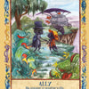 Two insect characters stand on a garden path among oversized plants, with a caged bird above. Inspired by healing art cards: “ALLY. Be present in another’s life.” Secret Woods by Schiffer Publishing, Ltd.