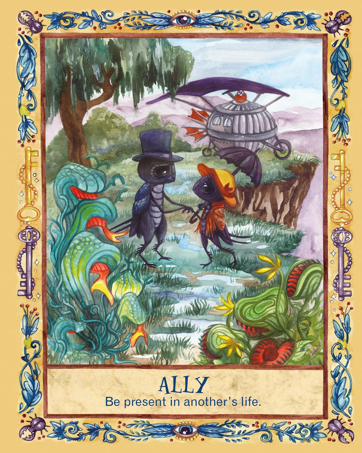 Two insect characters stand on a garden path among oversized plants, with a caged bird above. Inspired by healing art cards: “ALLY. Be present in another’s life.” Secret Woods by Schiffer Publishing, Ltd.