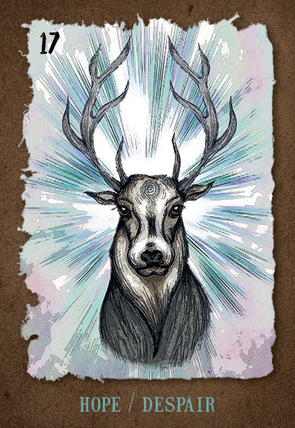 The Everglow by Schiffer Publishing, Ltd. features a tarot-style card depicting a radiant stag with antlers, symbolizing hope and power. The number 17 is in the corner, and HOPE / DESPAIR appears at the bottom on a textured brown background.