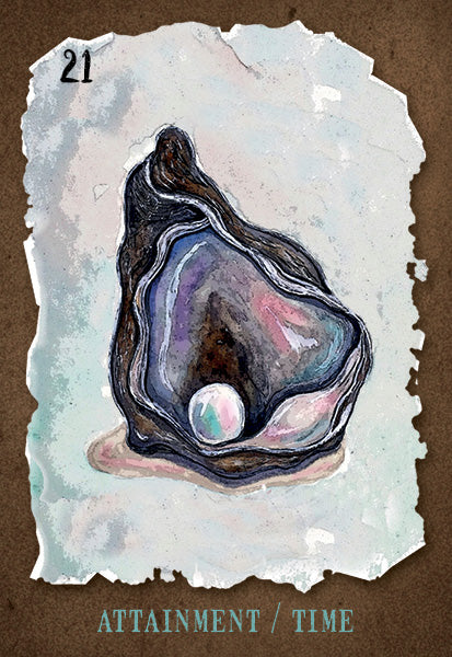 A painted illustration of an open oyster with a pearl symbolizes animal symbolism. The number 21 appears top left. "Attainment / Time" is written at the bottom. Product: The Everglow by Schiffer Publishing, Ltd., on a textured light background.