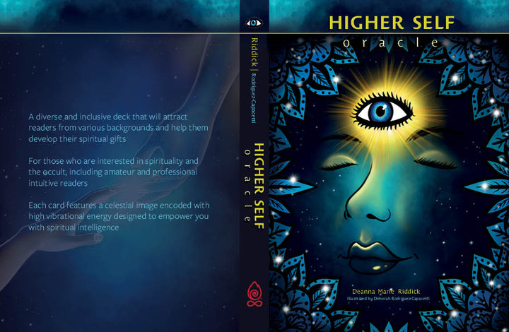 Higher Self Oracle by Schiffer Publishing, Ltd. features a mystical blue face with golden lips, an open eye on the forehead, and cosmic accents on the cover—reflecting the spiritual guidance found in this unique oracle deck.