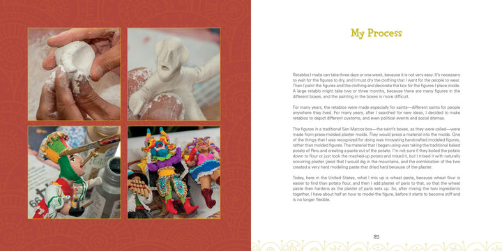 A two-page spread from "The Retablos of Jeronimo Lozano" (Schiffer Publishing, Ltd.) shows clay sculpting and figurines on the left; on the right, “My Process” explains creating Mexican figures inspired by Peruvian retablos and Jeronimo Lozano.