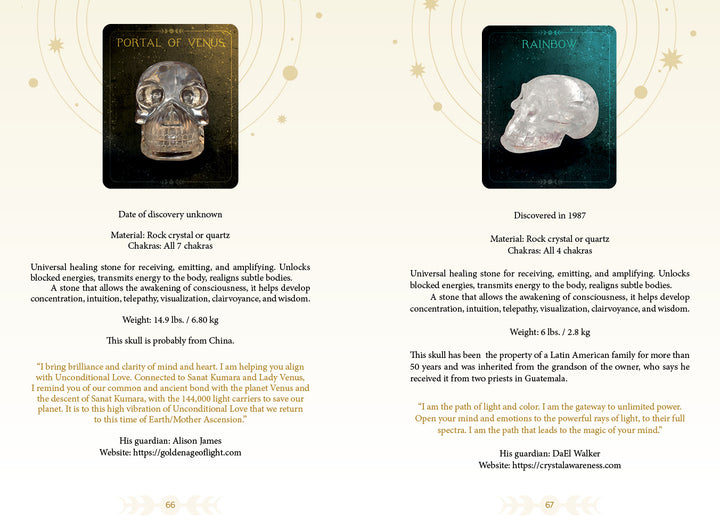 The Oracle of the Crystal Skulls by Schiffer Publishing, Ltd. features two pages on Portal of Venus and Rainbow, highlighting materials, chakras, metaphysical traits, guardians, quotes, and each skull's image at the top of its page.