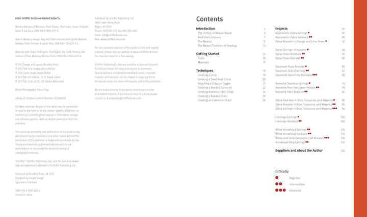 The book "Contemporary Maasai Beading" by Schiffer Publishing, Ltd. features a left page of publication details and a right page with a table of contents listing sections, project titles—including Maasai beading—page numbers, and difficulty levels.