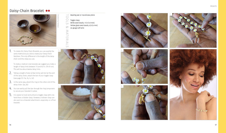A step-by-step photo guide from "Contemporary Maasai Beading" by Schiffer Publishing, Ltd. shows hands making a daisy-chain bracelet with gold chain and beads. The last image features a smiling woman wearing the finished jewelry.