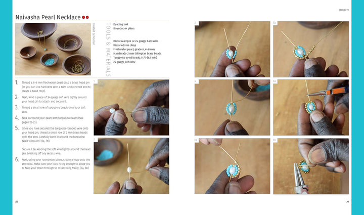 Step-by-step photo tutorial from "Contemporary Maasai Beading" by Schiffer Publishing, Ltd., showing hands making a blue and gold pendant necklace inspired by African jewelry, with close-ups of beading and supplies listed.