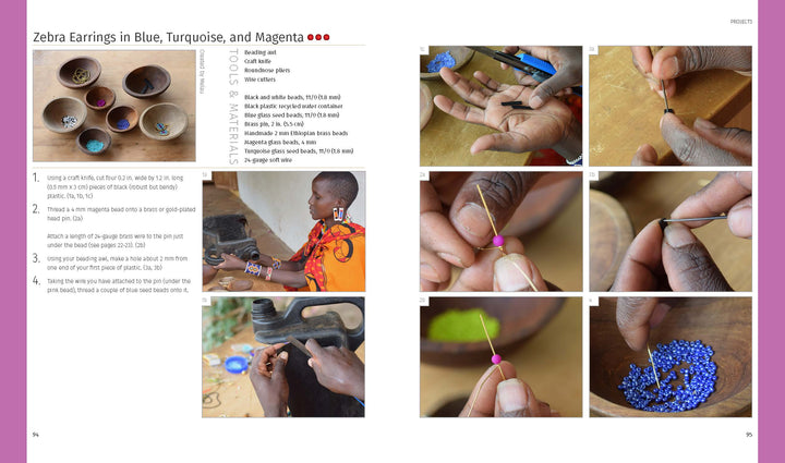 Contemporary Maasai Beading by Schiffer Publishing, Ltd. shows how to create zebra earrings inspired by African jewelry, with step-by-step text and numbered photos featuring beads, threading techniques, and finished earrings worn by a child.