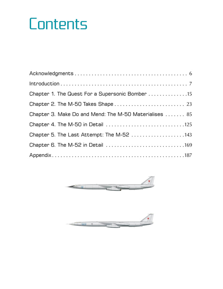 The table of contents for Schiffer Publishing, Ltd.'s "Myasishchev M-50 and M-52" lists six chapter titles with page numbers, plus two side-view illustrations of a silver jet with red stars on its tail.