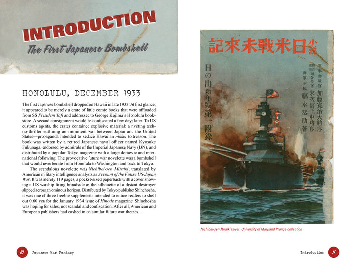 A page from Schiffer Publishing, Ltd.'s "Japanese War Fantasy 1933" shows a bombshell in Hawaii, Dec. 1933, next to a vintage pulp magazine cover with a battleship and rising sun—capturing the tense US-Japan war era.