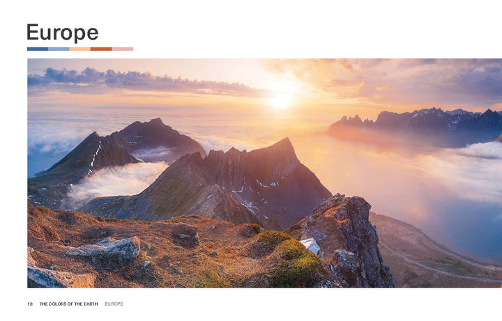 Experience breathtaking natural scenery with "The Colors of the Earth" by Schiffer Publishing, Ltd.—a stunning European mountain sunrise with jagged peaks, rocky terrain, and a sea of clouds awash in warm golden hues.