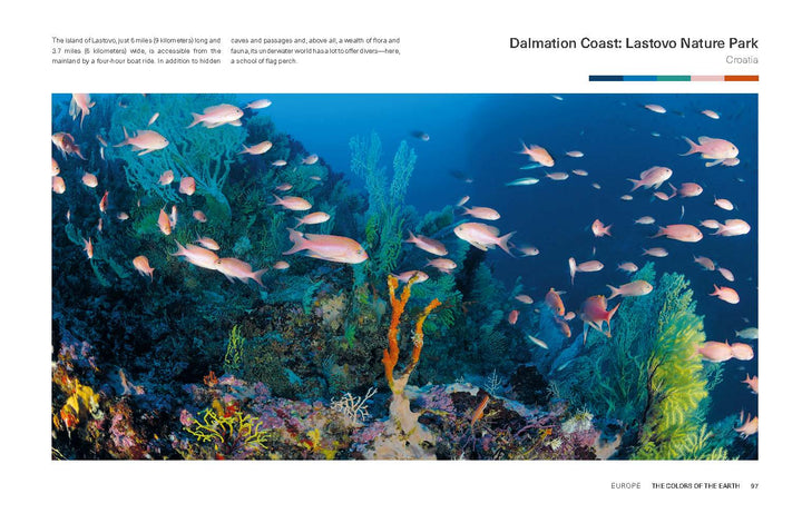 A vibrant underwater scene in Lastovo Nature Park, Croatia, features colorful coral reefs and orange-pink fish in clear blue water, capturing "The Colors of the Earth" by Schiffer Publishing, Ltd., with text and a title about the park at the top.