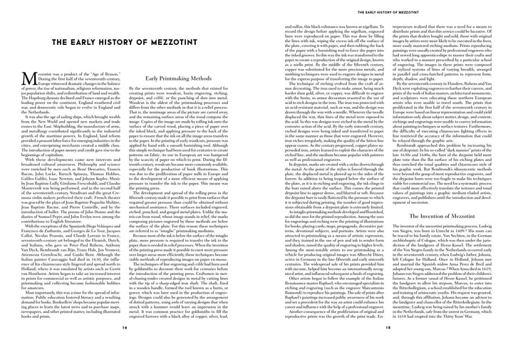 An open copy of "The Mezzotint" by Schiffer Publishing, Ltd. shows two pages of dense, multi-column text under the heading "The Early History of Mezzotint," explaining the printmaking technique’s origins—no images included.