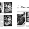 Two pages from The Mezzotint by Schiffer Publishing, Ltd. showcase close-up photos of sewing machine parts and hands threading a needle, paired with diagrams and text that evoke the precision of mezzotint engraving.