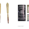 On the left are four antique bone-handled knitting needles; on the right, five vintage needle boxes evoke tools used by early American tattoo history hand tattoo artists like Gus Wagner. Product: Gus Wagner by Schiffer Publishing, Ltd.
