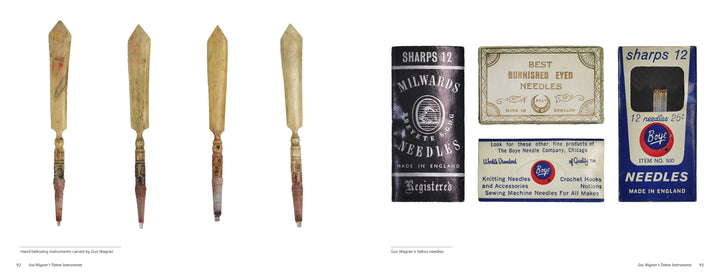 On the left are four antique bone-handled knitting needles; on the right, five vintage needle boxes evoke tools used by early American tattoo history hand tattoo artists like Gus Wagner. Product: Gus Wagner by Schiffer Publishing, Ltd.