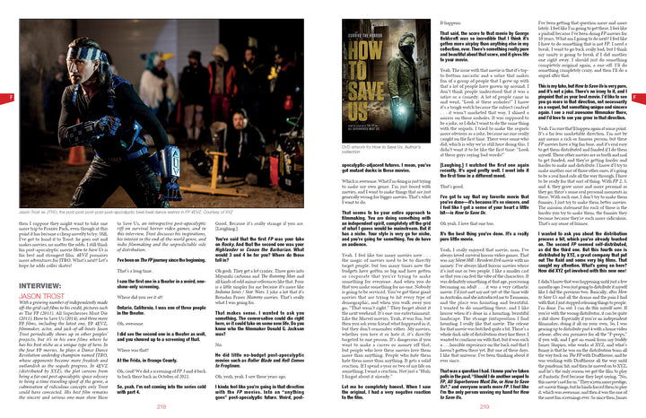 A woman in dark tactical gear crouches on a nighttime film set. The right page spotlights Schiffer Publishing, Ltd.'s "World Gone Wild, Restocked and Reloaded 2nd Edition" with interviews and insights on post-apocalyptic films.