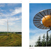 Left: A white barn in a grassy field under a blue sky—a classic Maine scene. Right: A yellow satellite-like structure with pine trees in the background. From "Maine" by Schiffer Publishing, Ltd.