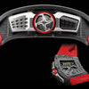 A close-up side view of "The Art of Luxury Design" from Schiffer Publishing, Ltd. is shown against a black background, featuring sleek, automotive-inspired aesthetics with metallic details and bold red accents.
