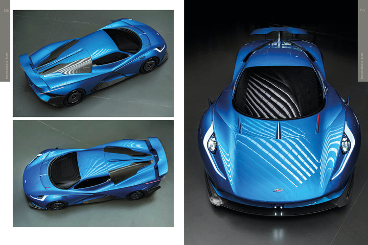 The Art of Luxury Design by Schiffer Publishing, Ltd. showcases a sleek blue sports car from three angles, revealing aerodynamic lines, black detailing, and reflective surfaces that embody modern luxury and sophisticated design.
