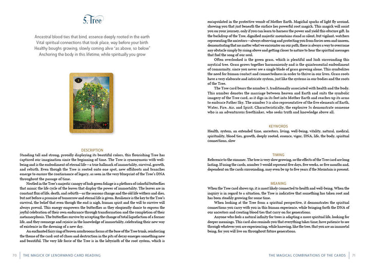 The Magick of Lenormand Card Reading by Schiffer Publishing, Ltd. shows an open book with a "5. Tree" page—detailed card meanings and illustration with a peaceful scene of a woman under a tree serve as your guide to deeper Lenormand insights.
