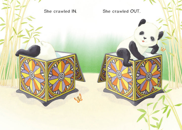 A baby panda crawls into a colorful box in Schiffer Publishing, Ltd.’s "The Magic Box" and out the other side, surrounded by bamboo and a butterfly. This opposites book is perfect for emerging readers. Text: She crawled IN. She crawled OUT.