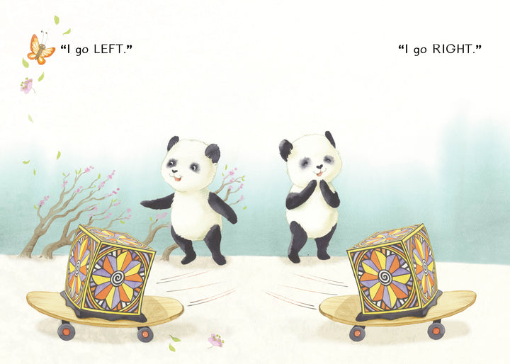 Two cartoon pandas from "The Magic Box" by Schiffer Publishing, Ltd. face opposite ways, pushing colorful boxes on carts. One says, "I go LEFT," the other, "I go RIGHT." A butterfly and trees are in the background—a fun opposites tale.