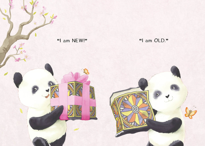 Two pandas stand side by side; the left, holding a shiny gift, says “I am NEW!” and the right, with a faded box, says “I am OLD.” A charming picture from "The Magic Box" by Schiffer Publishing, Ltd., for emerging readers, with blossoms and butterflies.