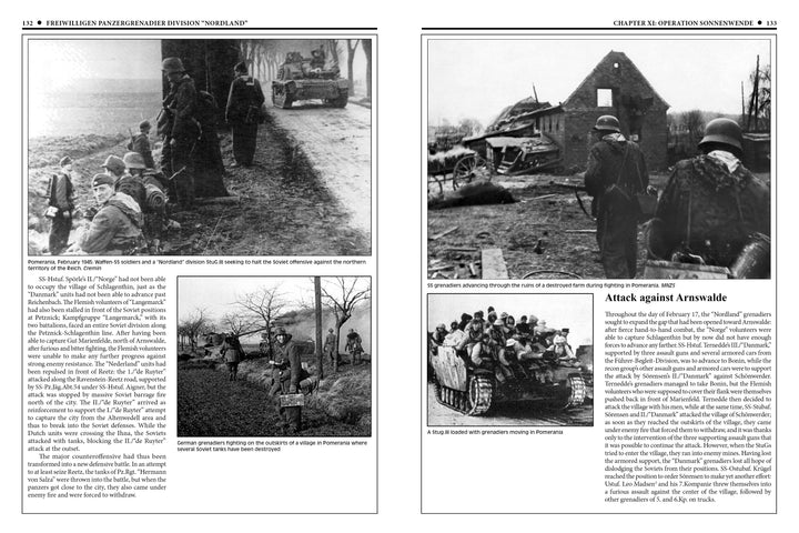 Two pages from Schiffer Publishing, Ltd.'s illustrated "11th Waffen-SS Freiwilligen Panzergrenadier Division 'Nordland'" book show WWII-era black-and-white photos of soldiers, vehicles, and ruins near Arnswalde, with captions and historical details.