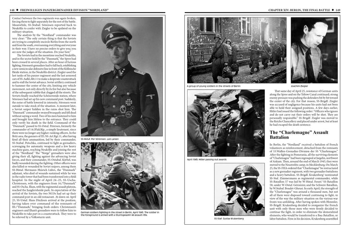 A two-page spread from Schiffer Publishing’s "11th Waffen-SS Freiwilligen Panzergrenadier Division 'Nordland'" presents WWII black-and-white photos—portraits, group shots, combat scenes—with detailed captions and military history columns.