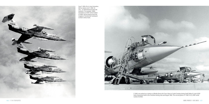 A black-and-white survey from Schiffer Publishing, Ltd. shows five F-104 Starfighter jets in formation next to an interceptor on the tarmac with crew and another jet in the background.