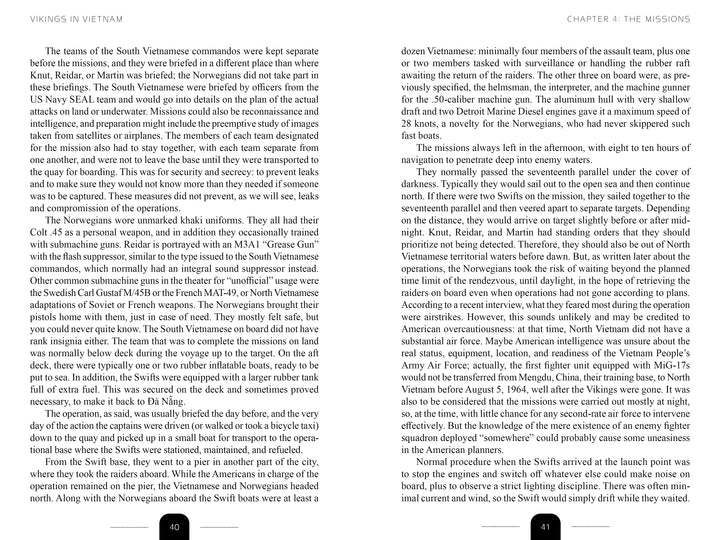 A spread from "Vikings in Vietnam" by Schiffer Publishing, Ltd. features detailed text about South Vietnamese and Norwegian skippers’ military operations in the Vietnam War, covering logistics, missions, and equipment on pages 40–41.