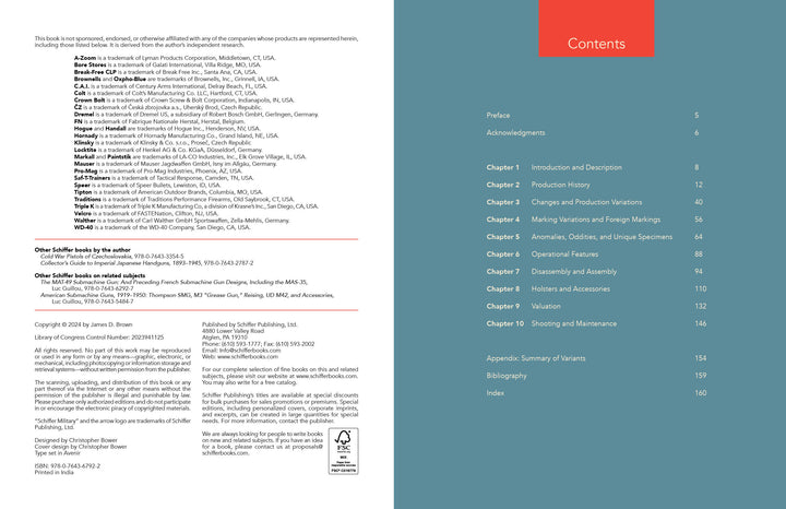 An open book shows copyright details on the left and a red Contents heading with chapters on the right, set against blue—a great choice for fans of The ČZ Models 50 and 70 by Schiffer Publishing, Ltd.