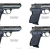 Four black semi-automatic pistols, including Czech ČZ Models 50 and 70, are displayed with short descriptions. To the right is a colorful Městská Policie Ostrava shield patch. Product by Schiffer Publishing, Ltd.