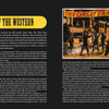 A two-page spread from "The Art of the Classic Western Movie Poster" by Schiffer Publishing, Ltd. features text, a black-and-white photo from The Great Train Robbery, and vivid poster art depicting a dramatic train robbery scene.