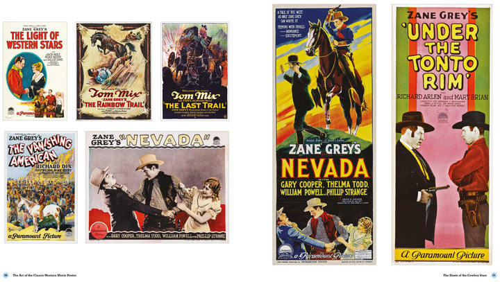 Celebrate western film history with "The Art of the Classic Western Movie Poster" by Schiffer Publishing, Ltd.—a vibrant collection showcasing dramatic cowboy scenes and iconic titles like Nevada, The Rainbow Trail, and Under the Tonto Rim.