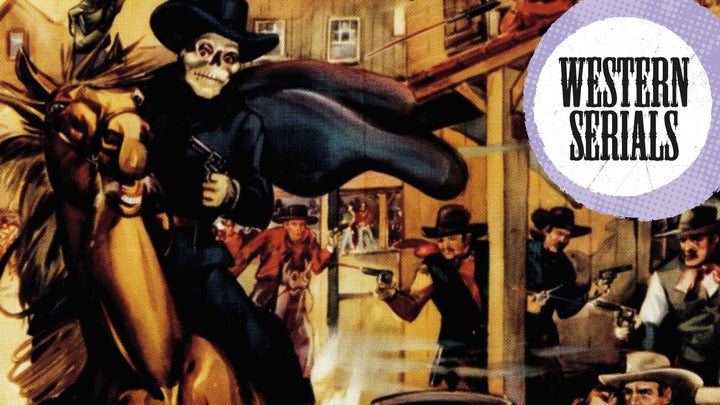 A masked cowboy in a black hat and cape rides through a chaotic Old West town as gunmen fire behind him. A round badge reads "The Art of the Classic Western Movie Poster," showcasing Schiffer Publishing, Ltd.’s homage to vintage western posters.