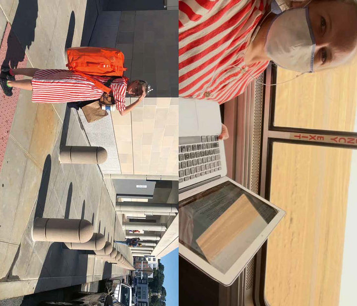 A person in a red-and-white striped dress and mask stands outside with orange luggage, perhaps on their way to a Craft Schools workshop from Schiffer Publishing, Ltd. In another view, they work on a laptop and tablet by a window with a field outside, honing their handmade skills through online craft education offered by Schiffer Publishing’s Craft Schools.