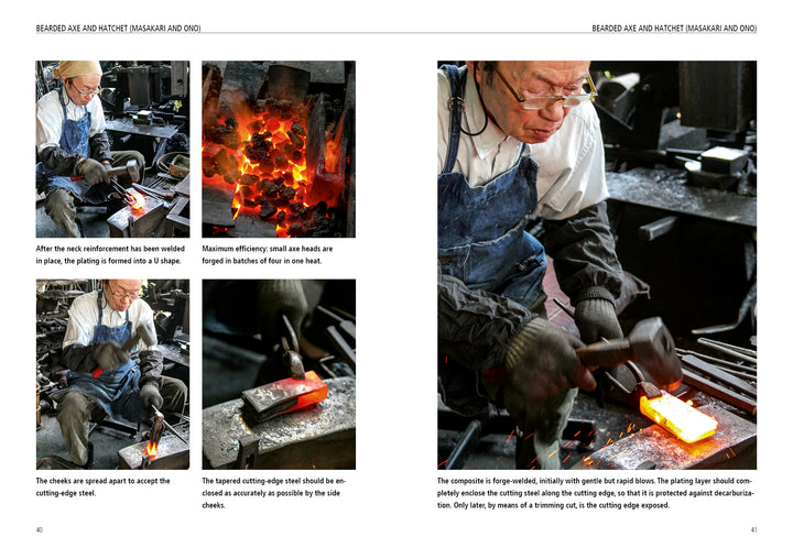 A craftsman in glasses and gloves forges a glowing blade in a workshop, using tongs and hammer. Inset images from "Japanese Blacksmithing" by Schiffer Publishing, Ltd. show traditional Japanese techniques and precision forging.