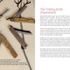 Four traditional Japanese folding knives with metal handles and exposed blades are displayed on an open book page from "Japanese Blacksmithing" by Schiffer Publishing, Ltd., each knife labeled with descriptive text about The Folding Knife (Higonokami).