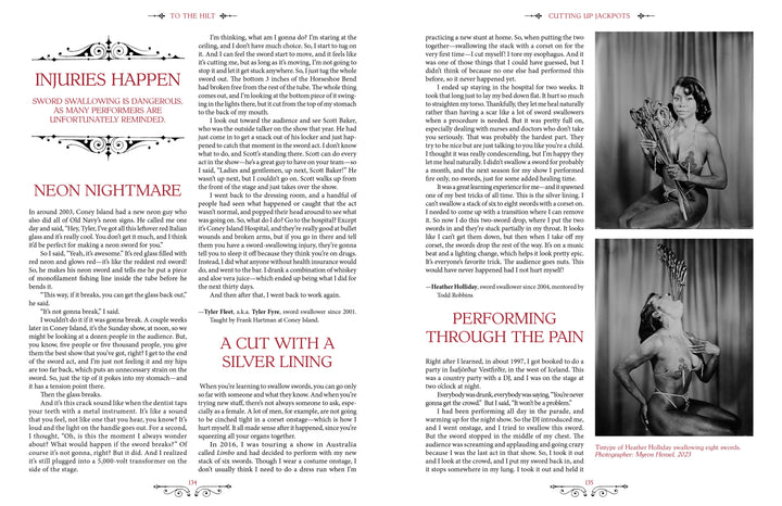 To the Hilt" from Schiffer Publishing, Ltd. features a two-page spread on sideshow history and sword swallowing, with vintage black-and-white photos of a woman posing with swords and columned articles across both pages.