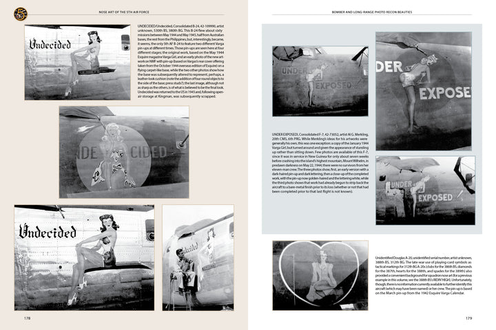 A two-page spread from "Nose Art of the 5th Air Force" by Schiffer Publishing, Ltd. features black-and-white photos of WWII Pacific bombers’ pin-up nose art—like Undecided and Under Exposed—plus text on this art’s unique history.