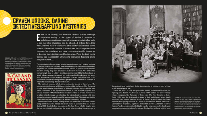A group gathers in a room adorned with posters, reminiscing about classic crime and mystery films featured in "The Art of Classic Crime and Mystery Movies" by Schiffer Publishing, Ltd.