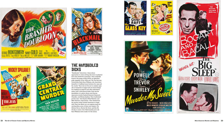 The Art of Classic Crime and Mystery Movies by Schiffer Publishing, Ltd. showcases vibrant posters with bold colors, dramatic fonts, detectives, couples, and shadows from film history, featuring titles like The Big Sleep and Murder, My Sweet.